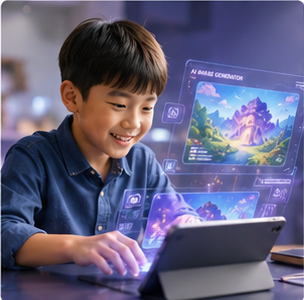 Child creating with AI on a tablet