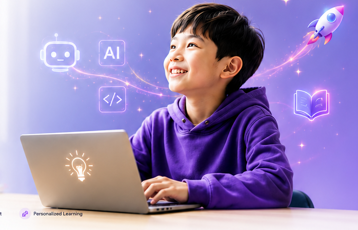 A curious child at a laptop, surrounded by glowing AI ideas